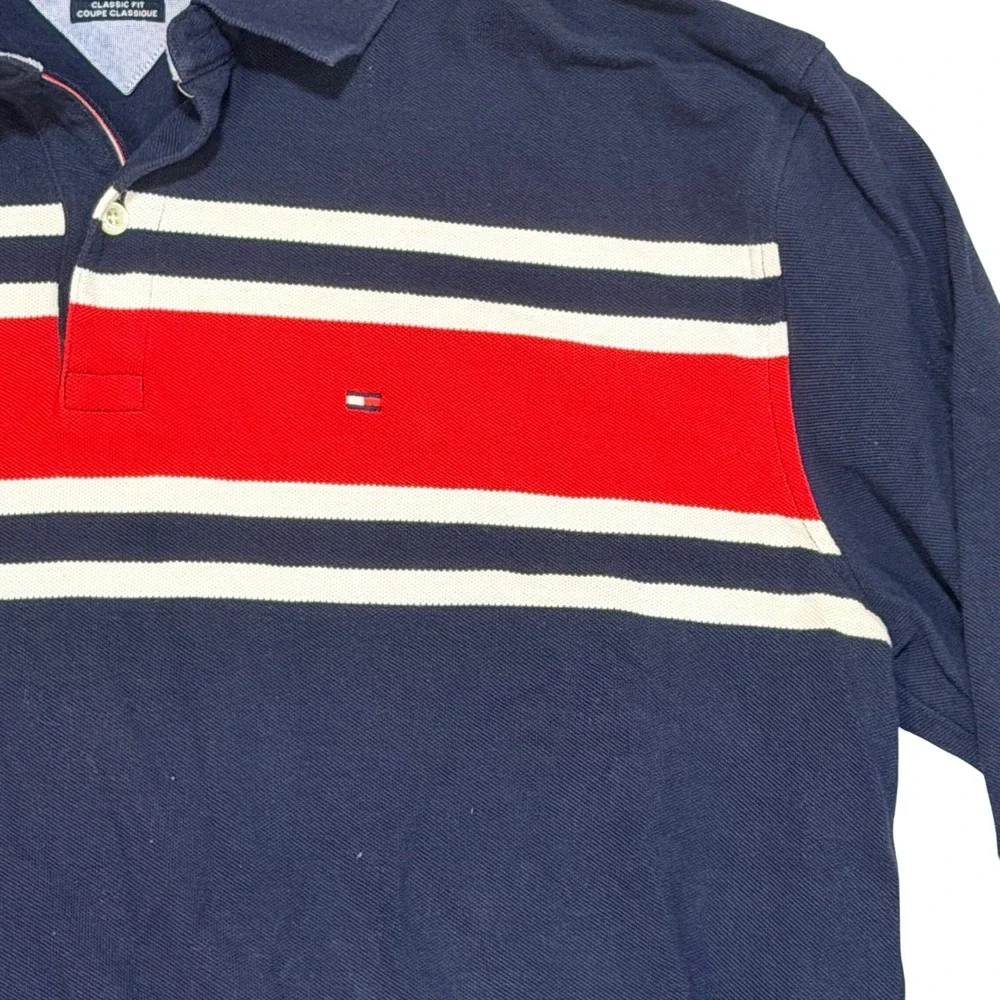 Tommy Hilfiger Polo Shirt Mens XL Navy Red White Cotton Long Sleeve Classic Fit
